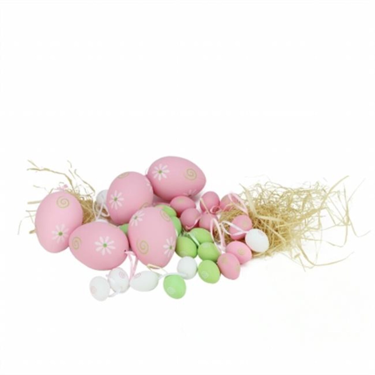 Gordon 32013884 3.25 in. Pastel Pink, Green &#x26; White Painted Floral Spring Easter Egg Ornaments, Set of 29